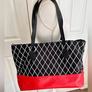 Brylane Eco Friendly Ted Faux Leather Tote Bag Black White Diamond Pattern